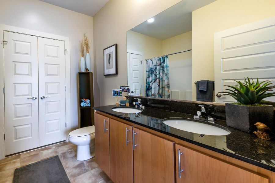 Pinnacle Apartments Modern bathroom with double sinks, black countertop, toilet, large mirror, and decorative shelving.