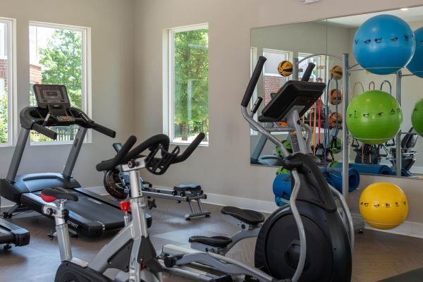 Pinnacle Apartments Bright gym room with exercise bikes, elliptical machines, benches, and colorful stability balls by mirrors.