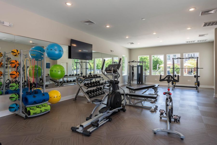 Pinnacle Apartments Modern gym with weights, exercise balls, mats, mirrors, and cardio machines in a bright, spacious room.