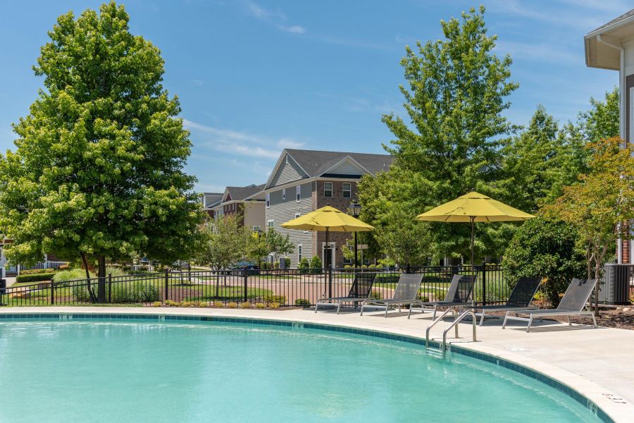 Pinnacle Apartments Outdoor pool with lounge chairs and umbrellas, surrounded by trees and residential buildings on a sunny day.